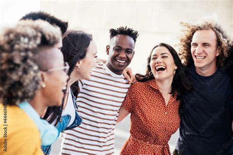 Young Happy People Laughing Together Multiracial Friends Group Having