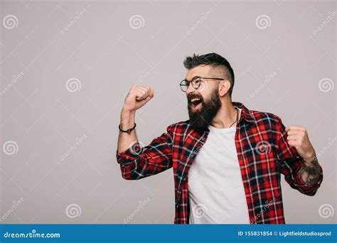 Excited Bearded Man In Checkered Shirt Isolated Stock Photo Image Of
