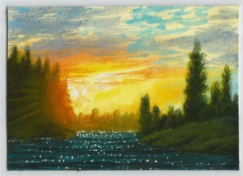 Aceo Miniature Original Acrylic Painting Lakesunsetlandscape By Cm