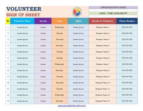 Volunteer Sign Up Sheet Templates Printable Formats