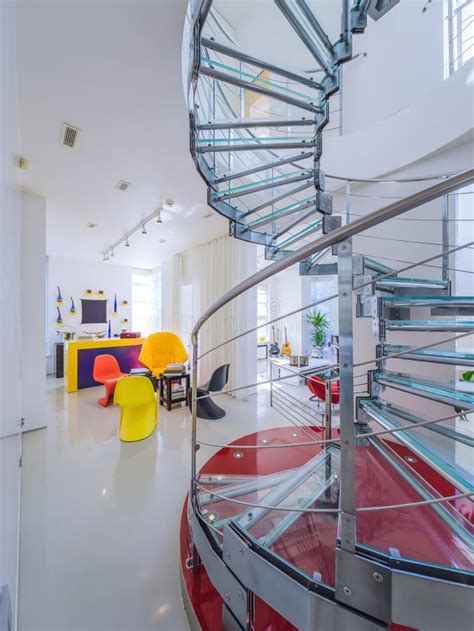 Modern Interiro Of Luxury Private House Glass Metal Spiral Staircase