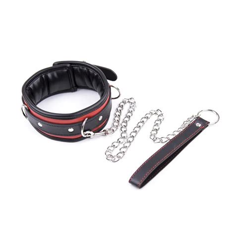 blackandred pu leather bdsm fetish bondage sex neck collar and chain leash adult games collars