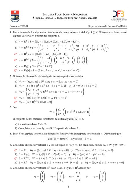 Algebra Ejercicios 19 EscuelapolitÉcnicanacional Álgebralineal • Hoja Deejerciciossemana 011