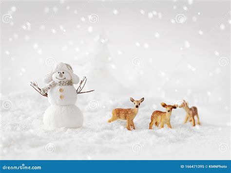 Snow Landscape With Snowman And Deers Stock Image Image Of Group