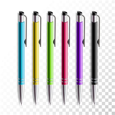Design Set Of Realistic Colored Pen On Transparent Background School