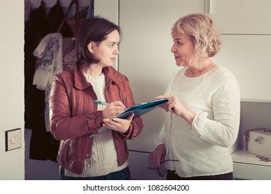 Mature Woman Answers Questions Interviewer Home Stock Photo 1141781189