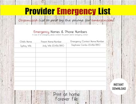 Emergency Contact List Home Daycare Emergency List Childcare Log