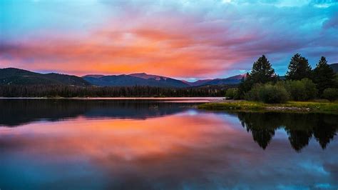 Mountain Lake Lake Mountain Sunset Color Clouds Trees Pine