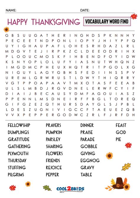 Printable Thanksgiving Word Search Cool2bkids