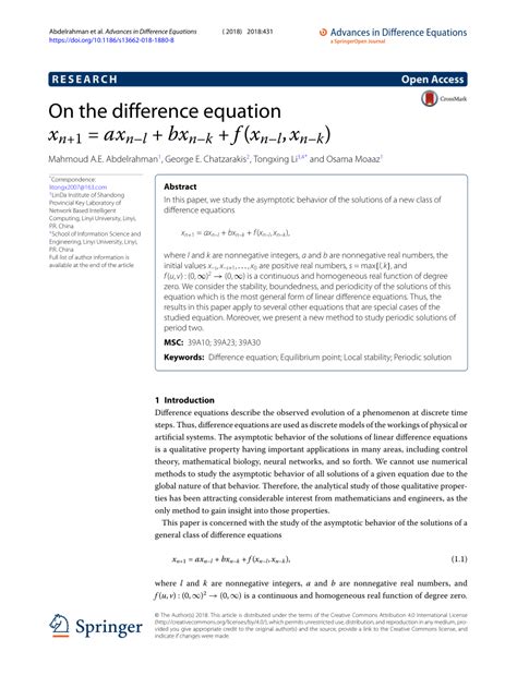 pdf on the difference equation xn 1 axn−l bxn−k f xn−l xn−k x {n 1} ax {n l} bx {n k} f x