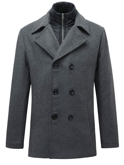 Mens Double Breasted Wool Blend Pea Coat Classic Notched Collar With