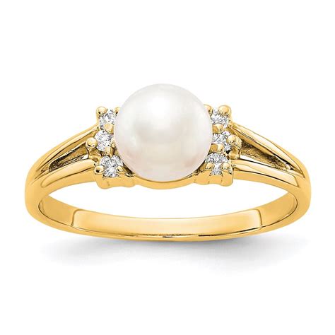 Solid 14k Yellow Gold 6mm Freshwater Cultured Pearl Diamond Ring Band