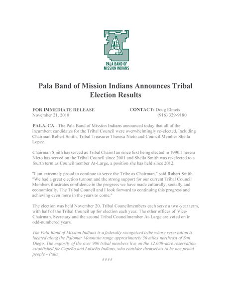 Press Release Pbmi Announces Tribal Election Results Pala Tribe
