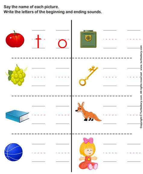 Recognize the picture and write first letter of each picture. Write Beginning and Ending Sound Letter of Word Describing Picture Worksheet - Turtle Diary
