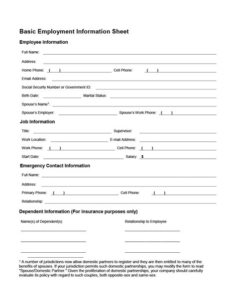 Printable Employee Personal Information Form