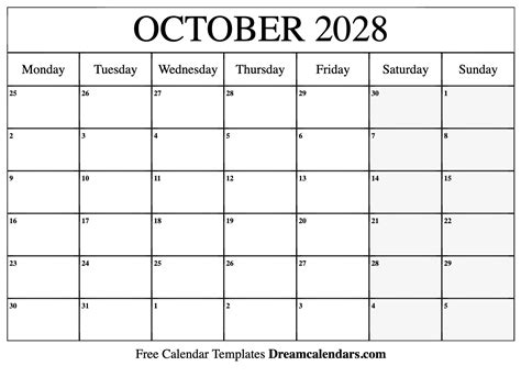 Download Printable October 2028 Calendars
