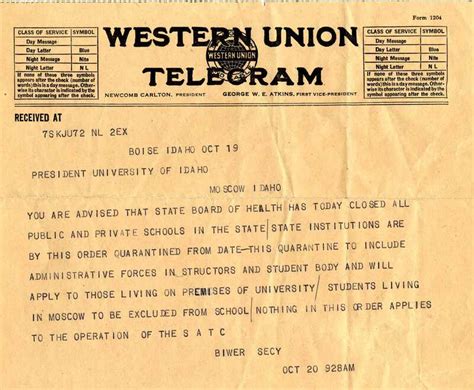 Telegram From Biwer Secy To President Lindley October 20 1918 1918