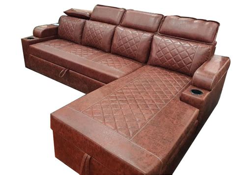 Modern Brown Leather L Shape Sofa Cum Bed For Home Size 9 X 6 Feet