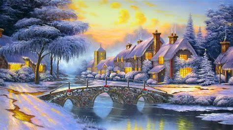 Winter Landscape Art Houses River Bridge Snow