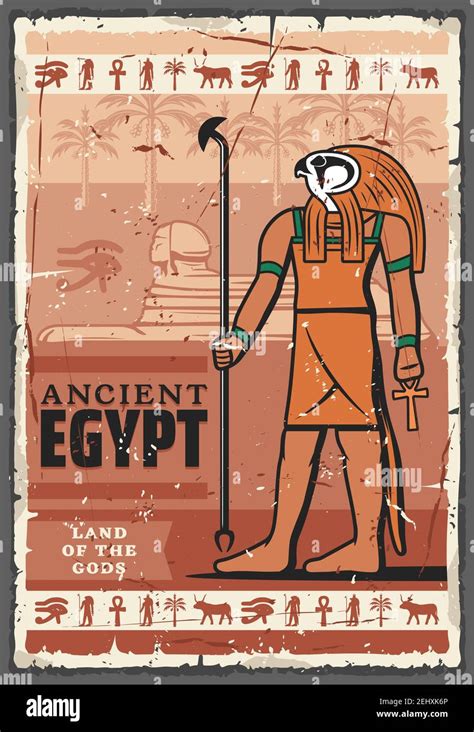 Ancient Egypt Religion God Horus With Sphinx Statue And Hieroglyphics Vector Man With Falcon