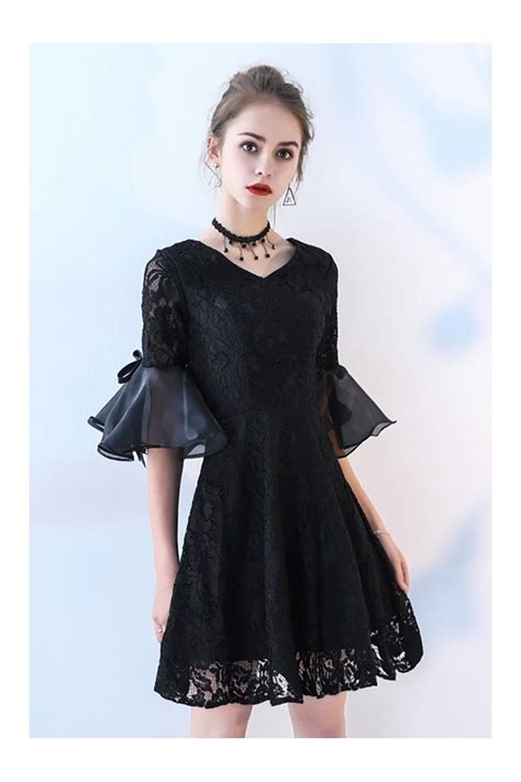Short Black Lace Homecoming Dress Vneck With Bell Sleeve 759