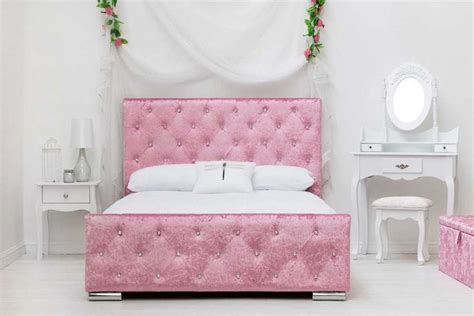 Beaumont Diamante Pink Crushed Velvet Double Bed Frame 4ft6 Crushed Velvet Bed Pink Bedding