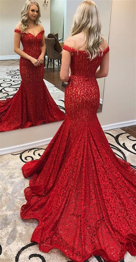 Formal Red Mermaid Evening Dresses For Women Modest Off The Shoulder Long Prom Dresses