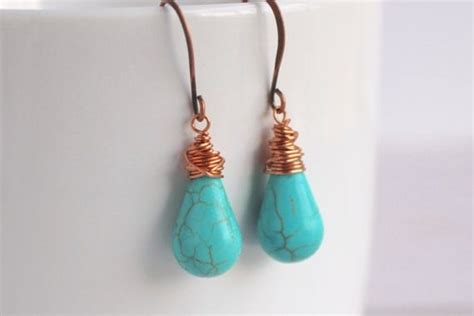 Turquoise Copper Wire Wrapped Earrings Turquoise Drop