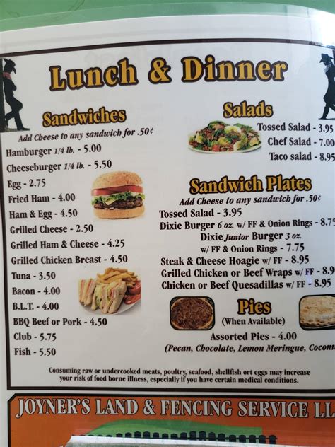 Menu at Taste of Dixie Diner restaurant, Cross City