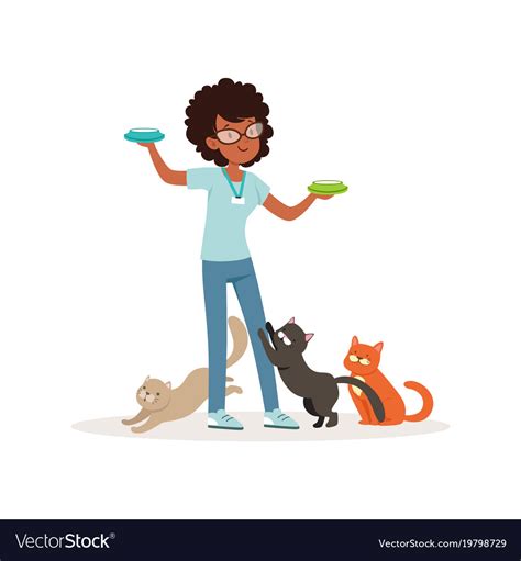 Cute Curly Haired Girl Feeding Homeless Cats Vector Image