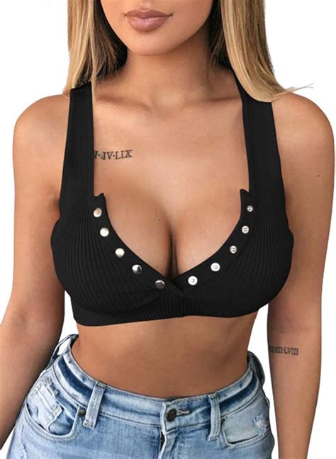 Lagshian Womens Sexy Sleeveless Crop Top Button Ribbed Knit Casual