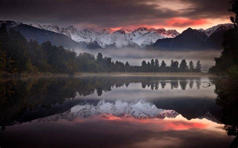 Nature Landscape Mist Lake Mountain Sunset Trees Water Calm