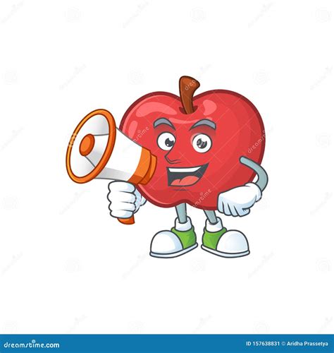 With Megaphone Red Apple Cartoon Mascot Character Cute Stock Vector