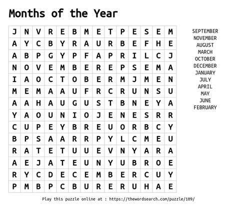 Months Of The Year Word Search