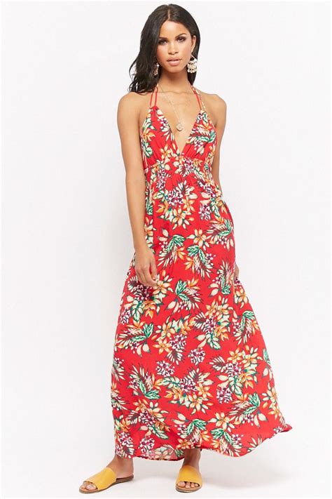 Forever 21 Tropical Floral Plunging Halter Maxi Dress In Red Lyst