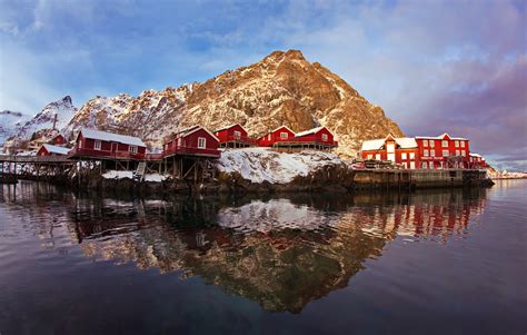 Norway Lofoten A Village About House Piles Snow Rocks