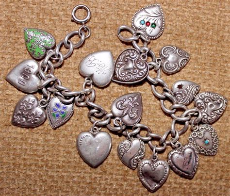 Vintage Sterling Silver 16 PUFFY HEART Charm Bracelet Enamel MIZPAH