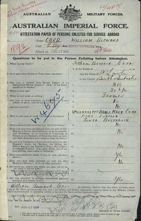 Wb Carr Aif Attestation Paper Ww1 What Is Your Name Military Forces