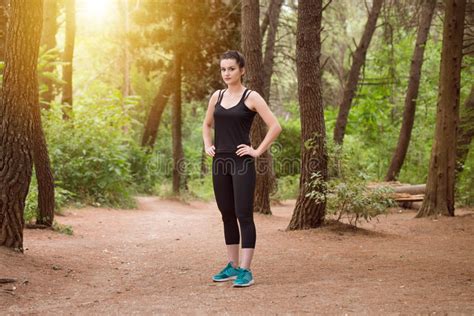 Woman Running Wooded Forest Area Training Exercising Trail Run