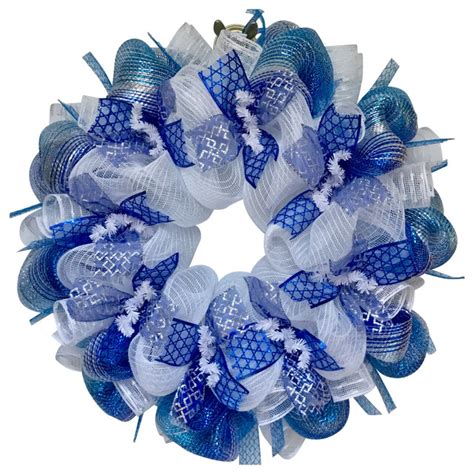 Glittering Silver And Blue Hanukkah Deco Mesh Ribbon Wreath