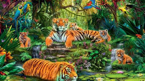 Animal Kingdom Jungle Tigers Birds Hd Wallpaper