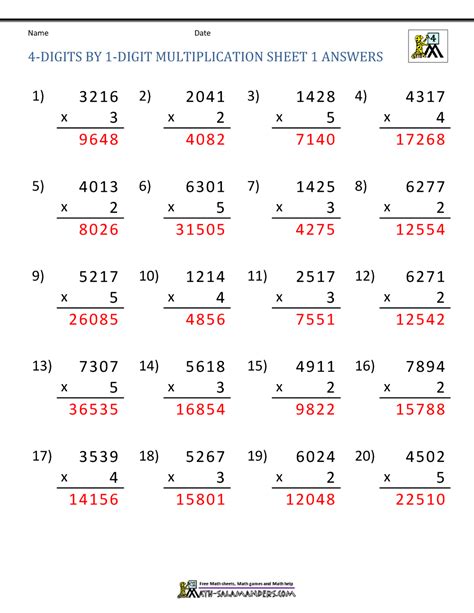 Four Digit By One Digit Multiplication Worksheets