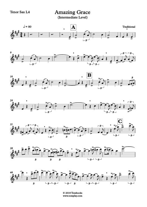 Amazing Grace Intermediate Level Tenor Sax Traditional Saxophone Sheet Music