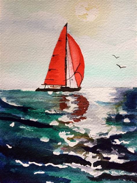 Litlle Red Sailboat Watercolor Painting 5x7 Ready To Frame Signed