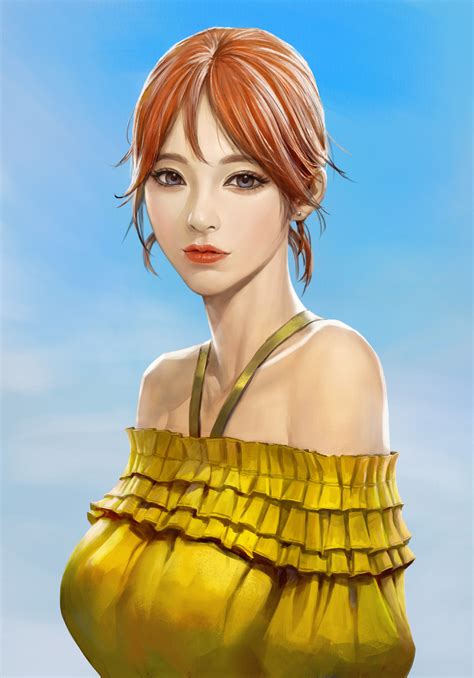 Wallpaper Asian Women Artwork Face Portrait Blue Background Redhead Bare Shoulders