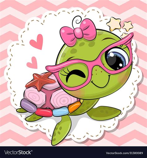 Cute Cartoon Turtle Girl In Pink Eyeglasses With A Bow