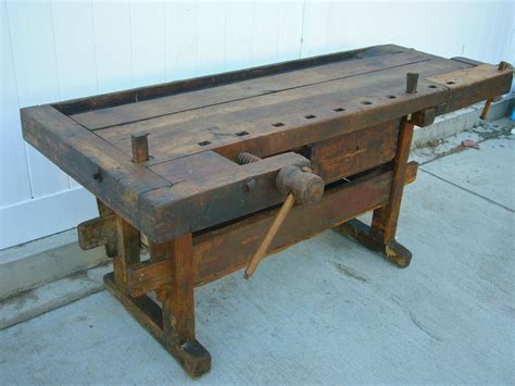 Fabulous Antique Wooden Carpenters Workbench With Vises And A Drawer