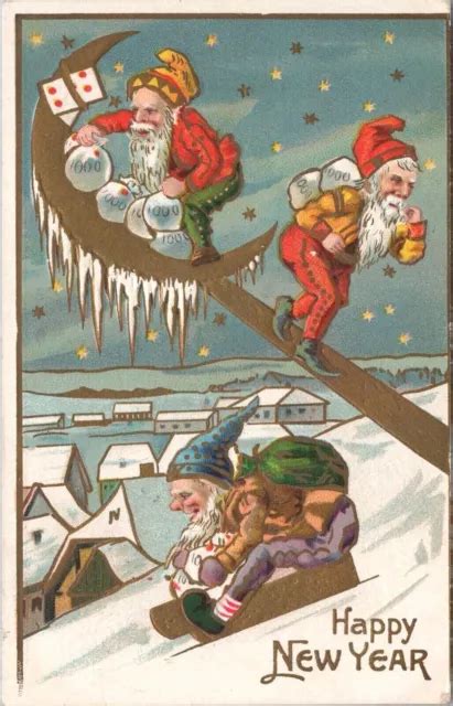 Fantasy Gnomes Elves Sled W Coins ~ Vintage New Year Postcard Gold Gilt