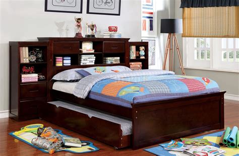 Design your dream bedroom with our stylish bed headboards and frames today! Pearland CM7844 Youth Bed in Dark Walnut w/Bookcase Headboard
