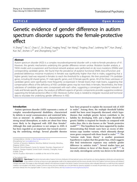 Pdf Genetic Evidence Of Gender Difference In Autism Spectrum Disorder Supports The Female